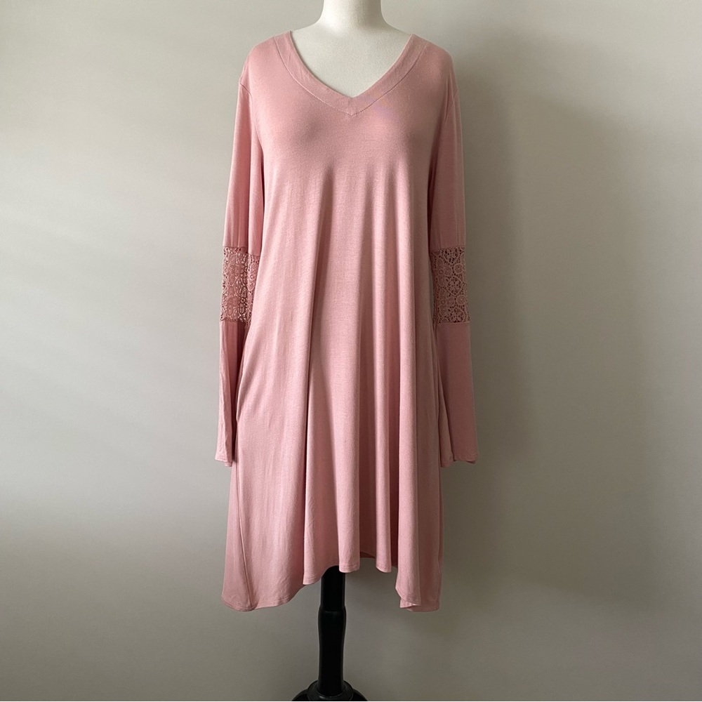 Nina Leonard V-Neck Long Bell Crochet Sleeve Pockets Midi Dress size S